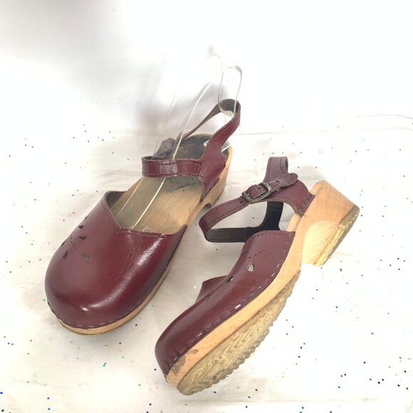 Vollsjo Wine Burgundy Leather Wood Swedish Clogs Mary Jane Ankle Strap - Size 38 - Picture 8 of 13